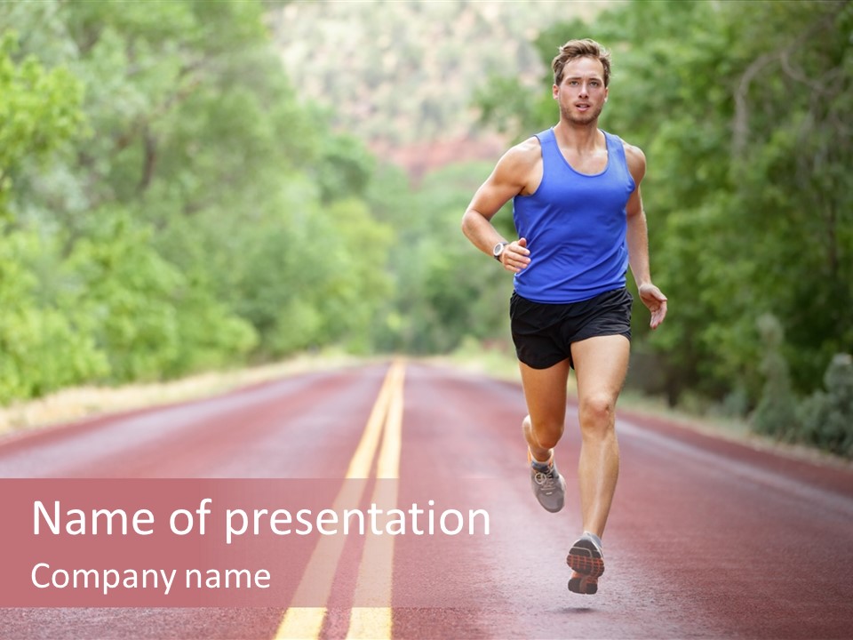 A Man Running Down A Road With Trees In The Background PowerPoint Template