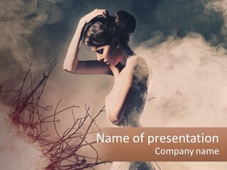 A Woman In A White Dress Standing In Smoke PowerPoint Template