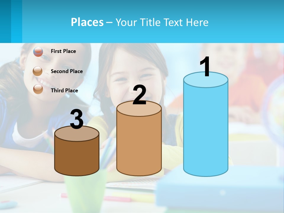 Two Young Girls Are Sitting At A Desk With Pencils PowerPoint Template