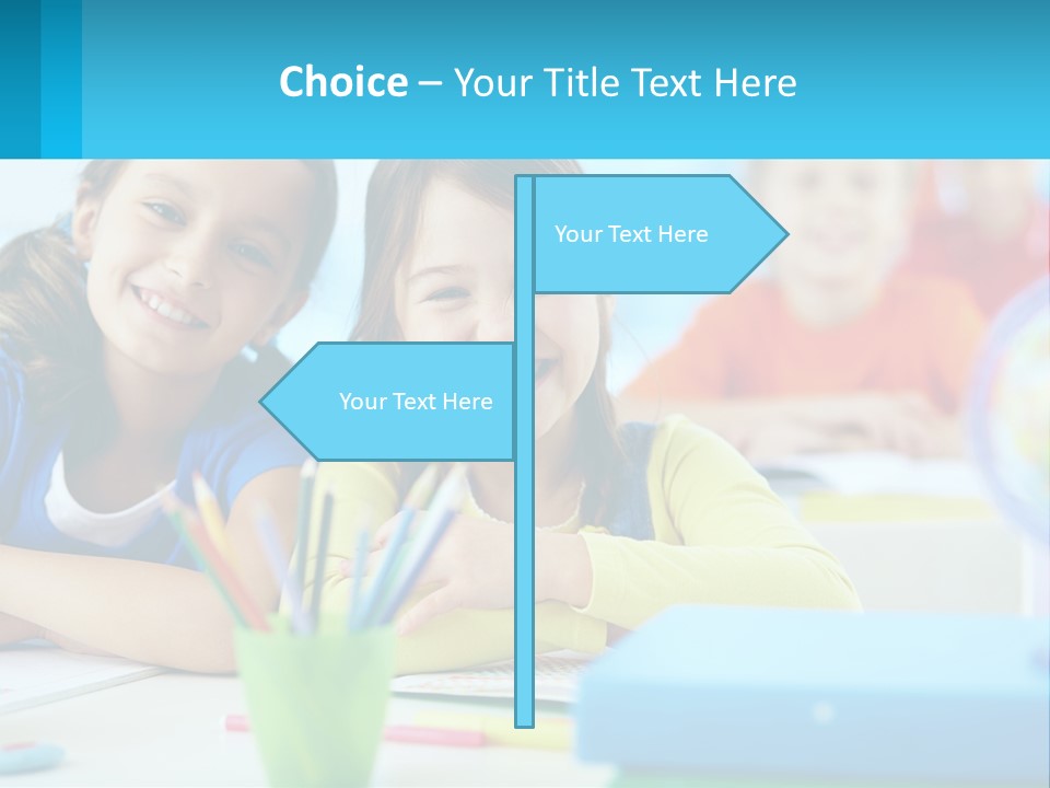 Two Young Girls Are Sitting At A Desk With Pencils PowerPoint Template