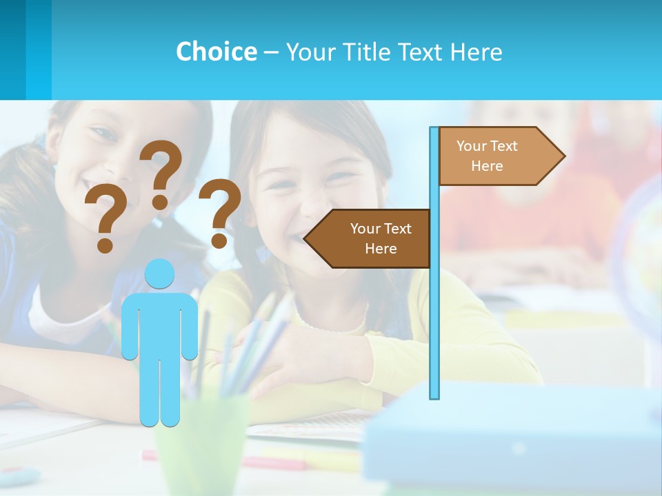 Two Young Girls Are Sitting At A Desk With Pencils PowerPoint Template