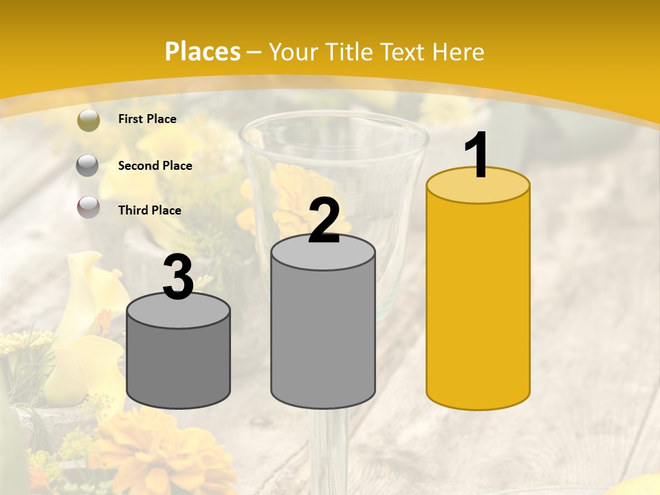 A Wooden Table Topped With Yellow Flowers And Wine Glasses PowerPoint Template