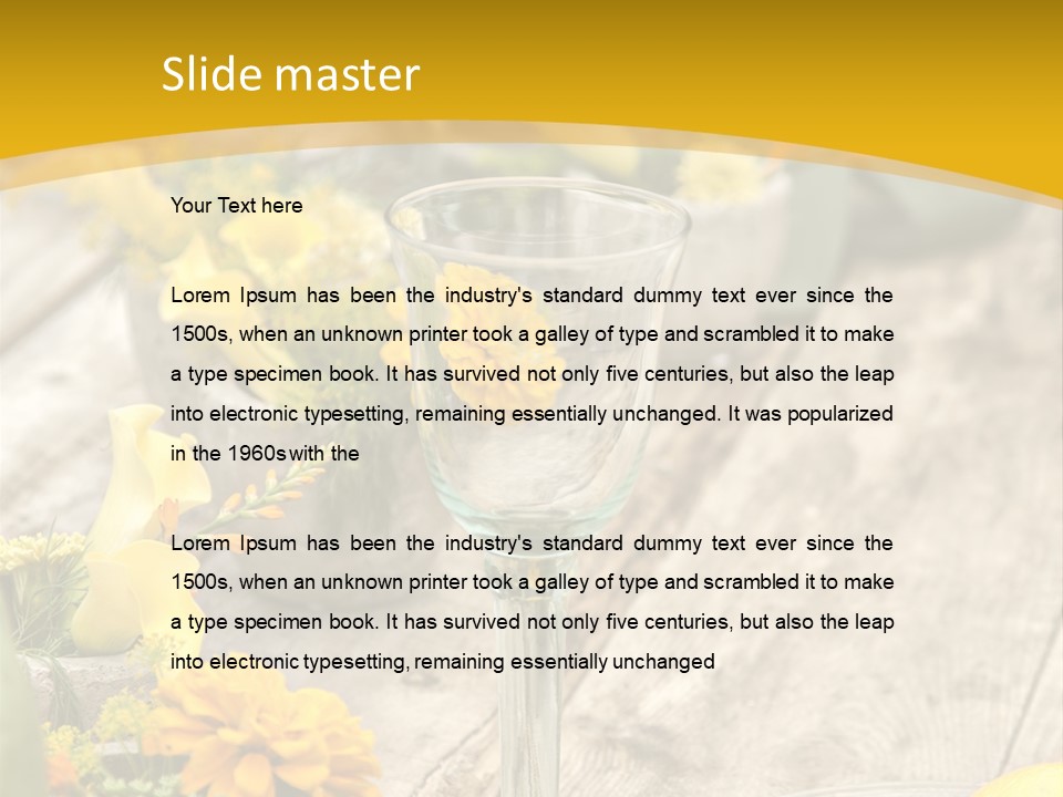 A Wooden Table Topped With Yellow Flowers And Wine Glasses PowerPoint Template