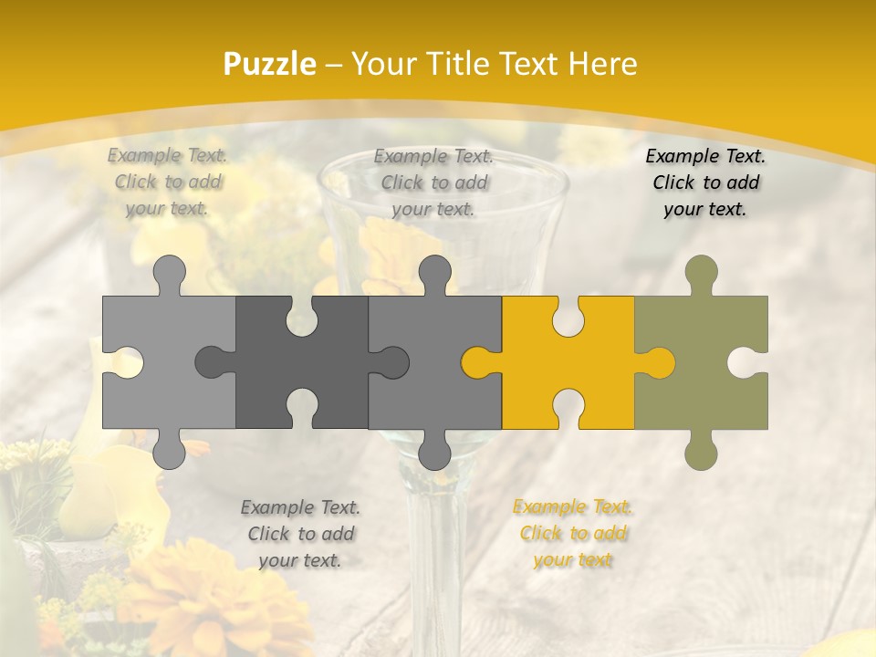 A Wooden Table Topped With Yellow Flowers And Wine Glasses PowerPoint Template