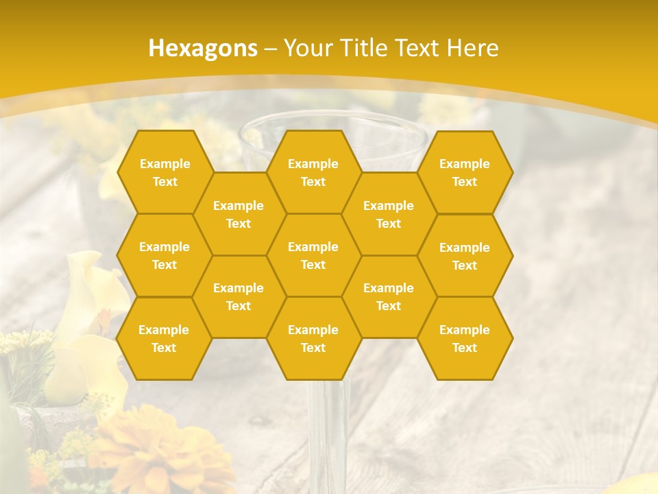 A Wooden Table Topped With Yellow Flowers And Wine Glasses PowerPoint Template