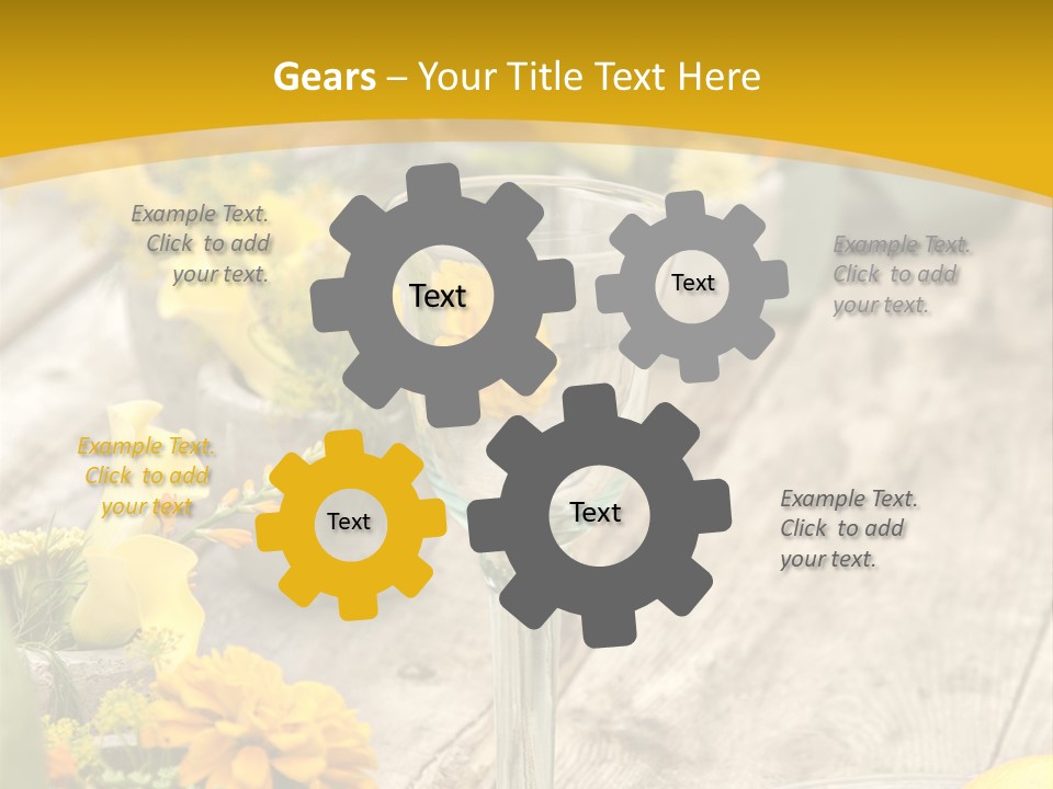 A Wooden Table Topped With Yellow Flowers And Wine Glasses PowerPoint Template