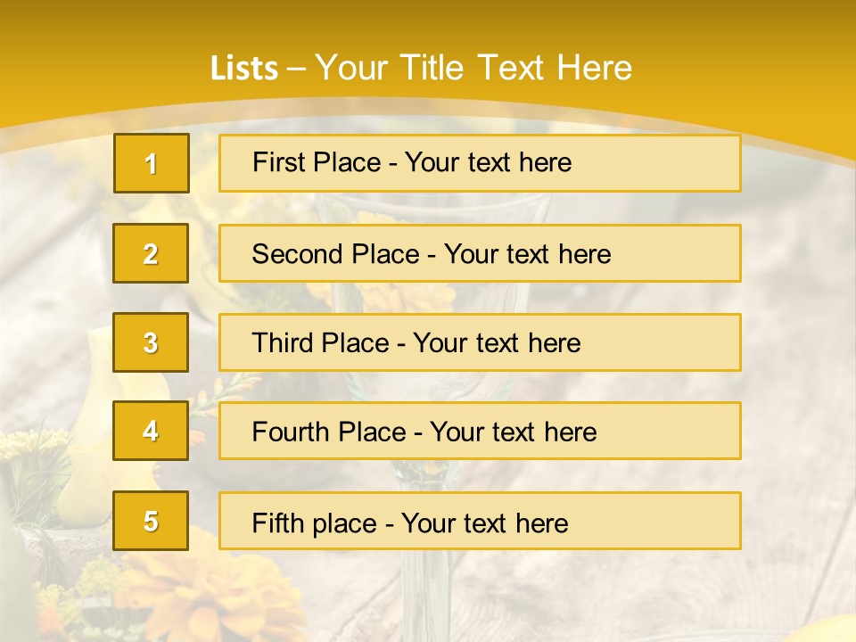 A Wooden Table Topped With Yellow Flowers And Wine Glasses PowerPoint Template