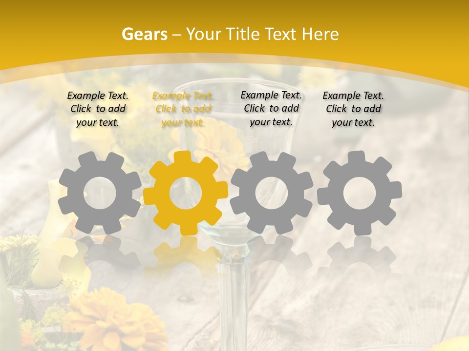 A Wooden Table Topped With Yellow Flowers And Wine Glasses PowerPoint Template