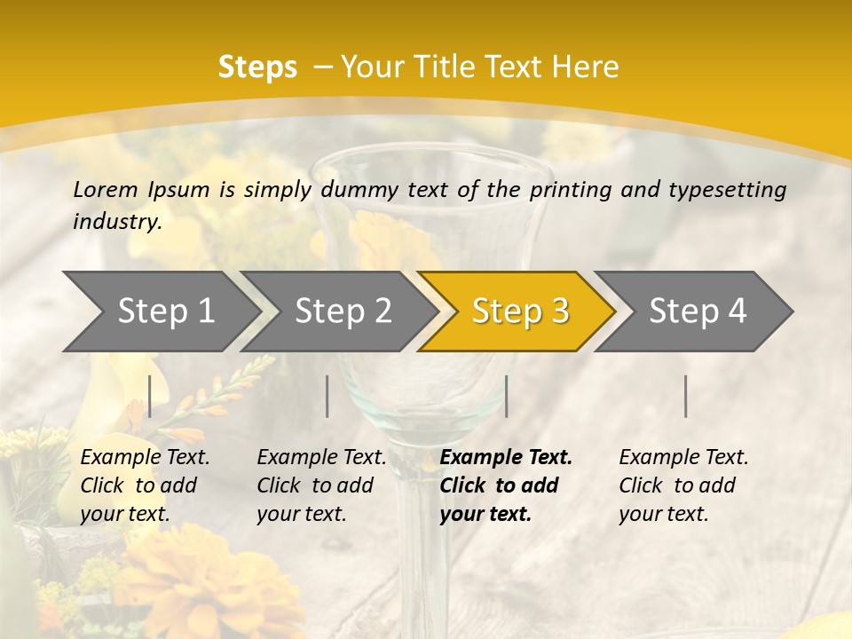 A Wooden Table Topped With Yellow Flowers And Wine Glasses PowerPoint Template