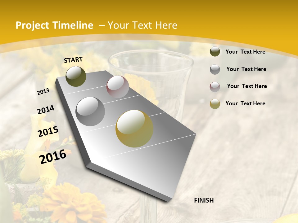 A Wooden Table Topped With Yellow Flowers And Wine Glasses PowerPoint Template