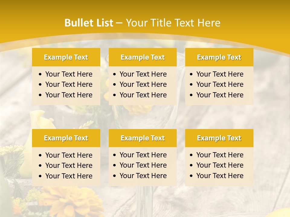 A Wooden Table Topped With Yellow Flowers And Wine Glasses PowerPoint Template