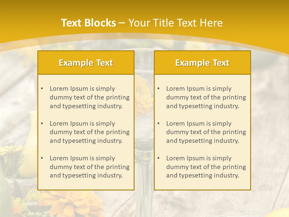 A Wooden Table Topped With Yellow Flowers And Wine Glasses PowerPoint Template