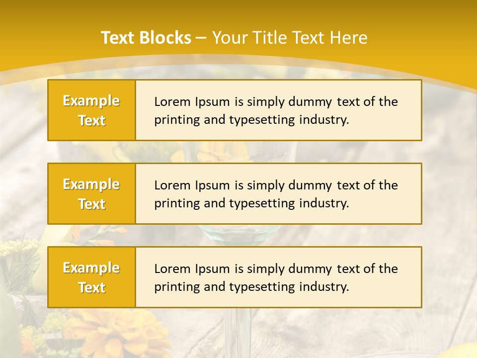 A Wooden Table Topped With Yellow Flowers And Wine Glasses PowerPoint Template