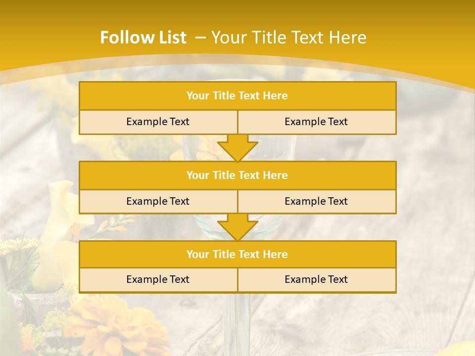 A Wooden Table Topped With Yellow Flowers And Wine Glasses PowerPoint Template