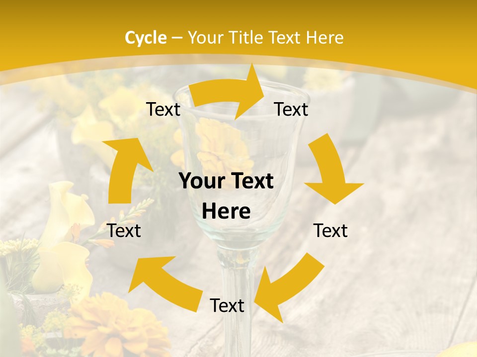 A Wooden Table Topped With Yellow Flowers And Wine Glasses PowerPoint Template