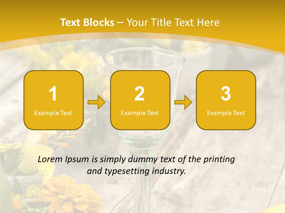 A Wooden Table Topped With Yellow Flowers And Wine Glasses PowerPoint Template