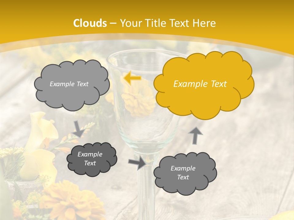 A Wooden Table Topped With Yellow Flowers And Wine Glasses PowerPoint Template