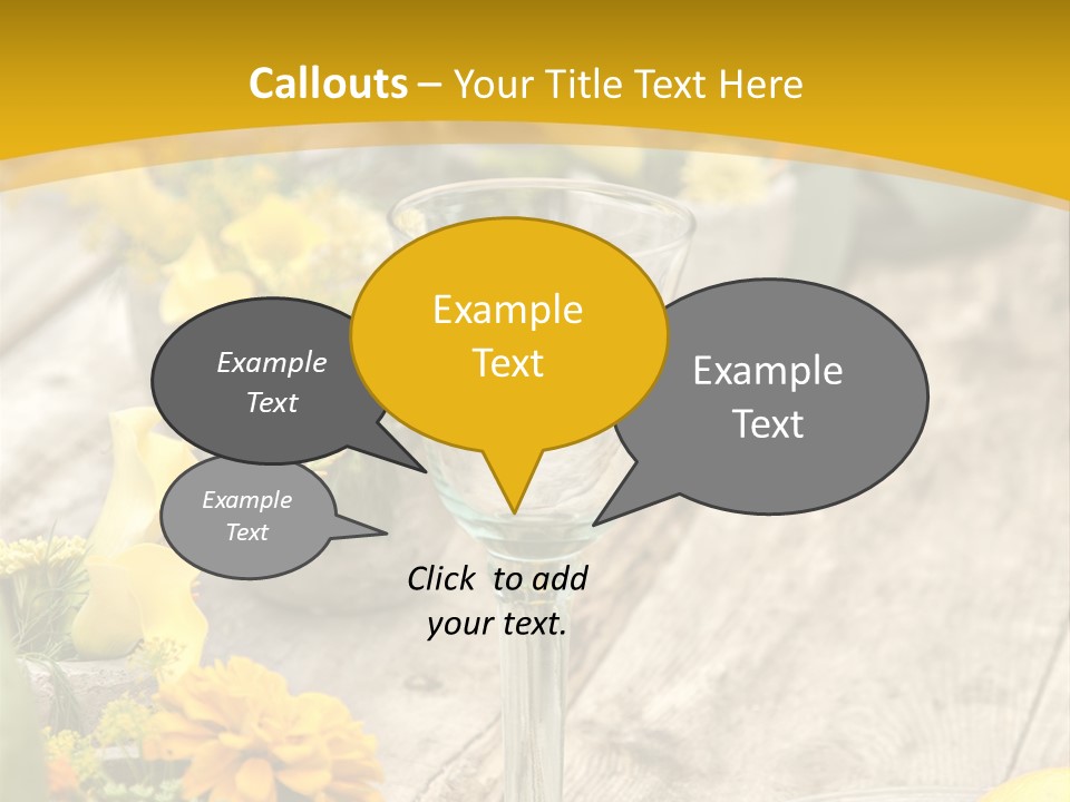 A Wooden Table Topped With Yellow Flowers And Wine Glasses PowerPoint Template