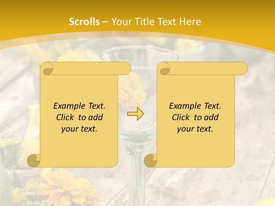A Wooden Table Topped With Yellow Flowers And Wine Glasses PowerPoint Template