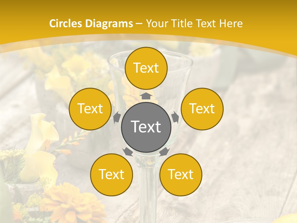 A Wooden Table Topped With Yellow Flowers And Wine Glasses PowerPoint Template