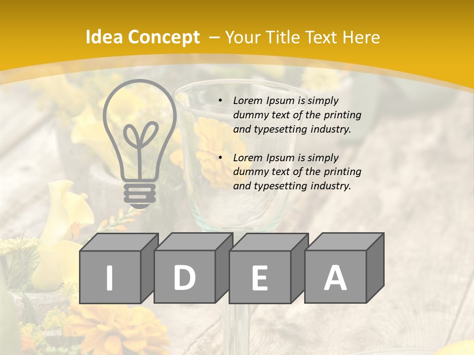 A Wooden Table Topped With Yellow Flowers And Wine Glasses PowerPoint Template