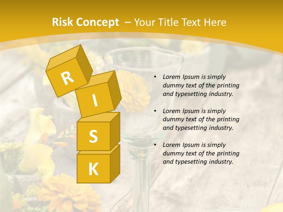 A Wooden Table Topped With Yellow Flowers And Wine Glasses PowerPoint Template