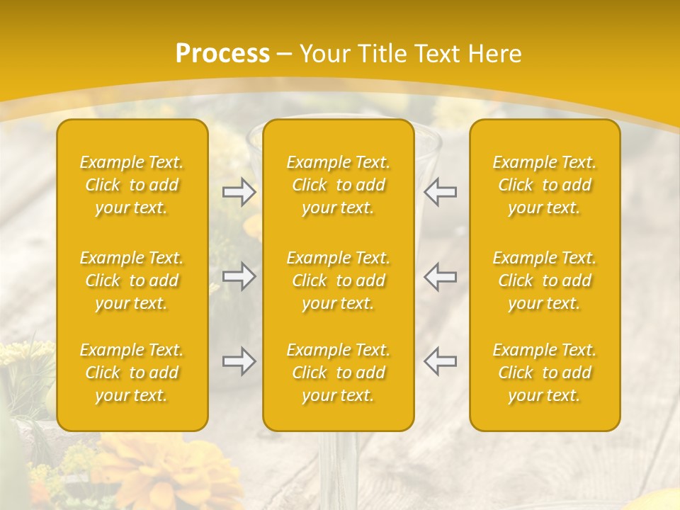 A Wooden Table Topped With Yellow Flowers And Wine Glasses PowerPoint Template