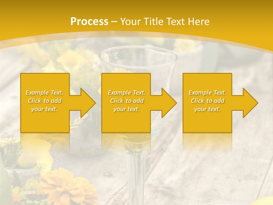 A Wooden Table Topped With Yellow Flowers And Wine Glasses PowerPoint Template