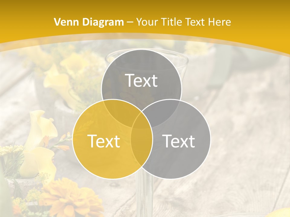 A Wooden Table Topped With Yellow Flowers And Wine Glasses PowerPoint Template