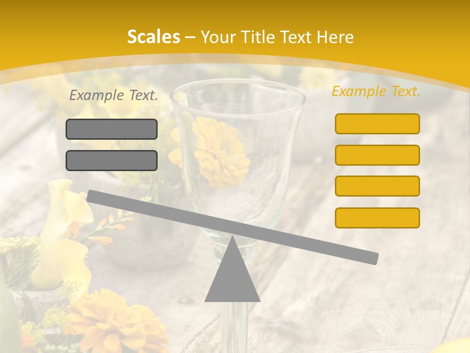 A Wooden Table Topped With Yellow Flowers And Wine Glasses PowerPoint Template