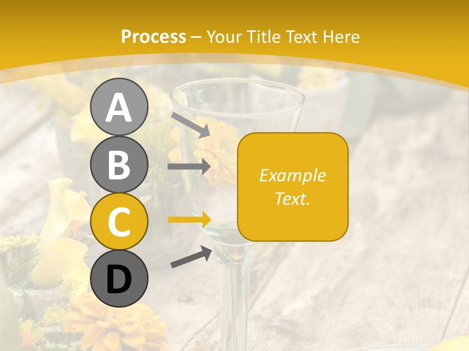 A Wooden Table Topped With Yellow Flowers And Wine Glasses PowerPoint Template