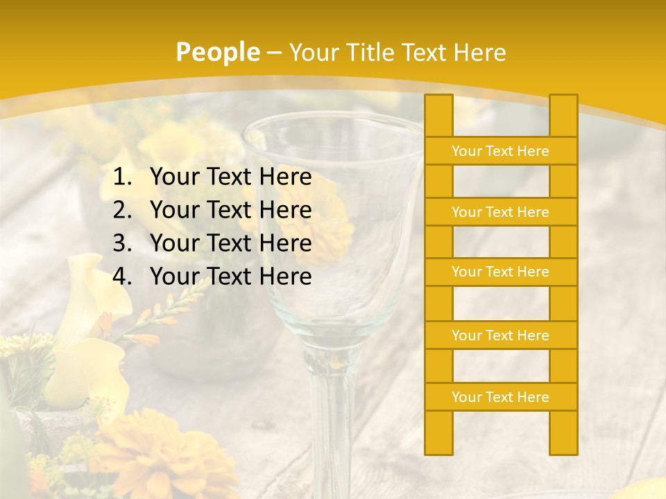 A Wooden Table Topped With Yellow Flowers And Wine Glasses PowerPoint Template
