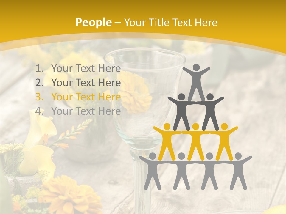 A Wooden Table Topped With Yellow Flowers And Wine Glasses PowerPoint Template