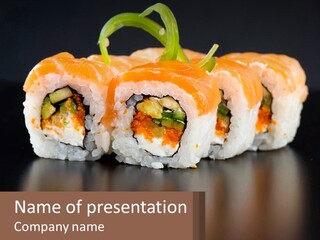 A Piece Of Sushi With Sauce And Cucumbers On It PowerPoint Template