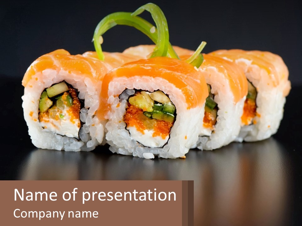 A Piece Of Sushi With Sauce And Cucumbers On It PowerPoint Template