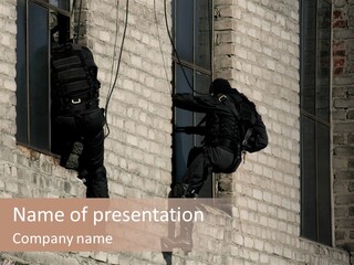 A Man In A Black Suit Climbing Up A Brick Building PowerPoint Template