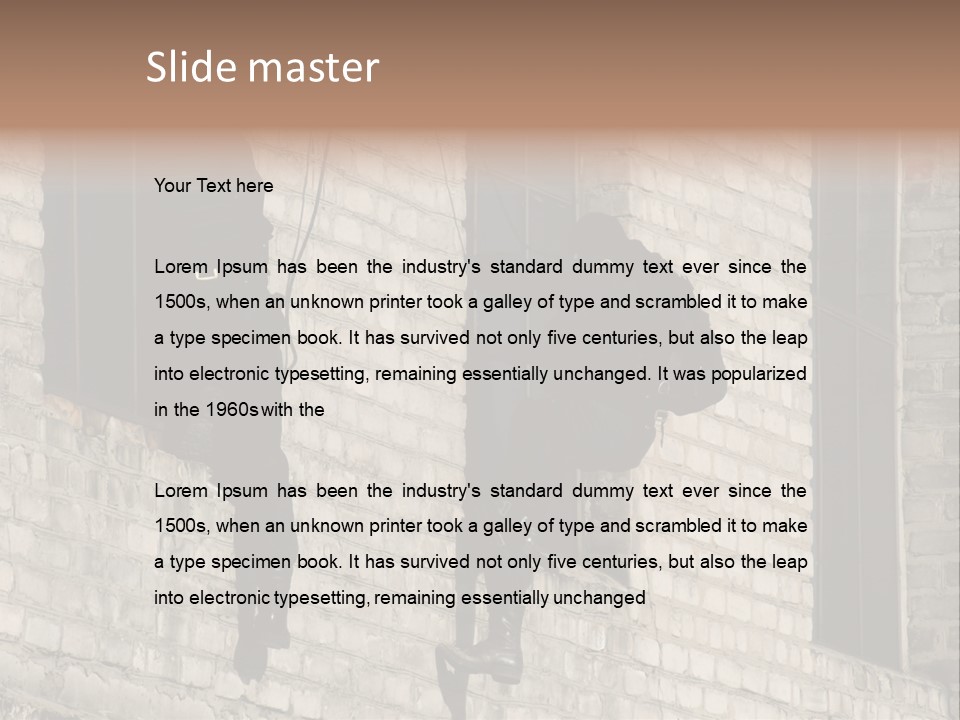 A Man In A Black Suit Climbing Up A Brick Building PowerPoint Template