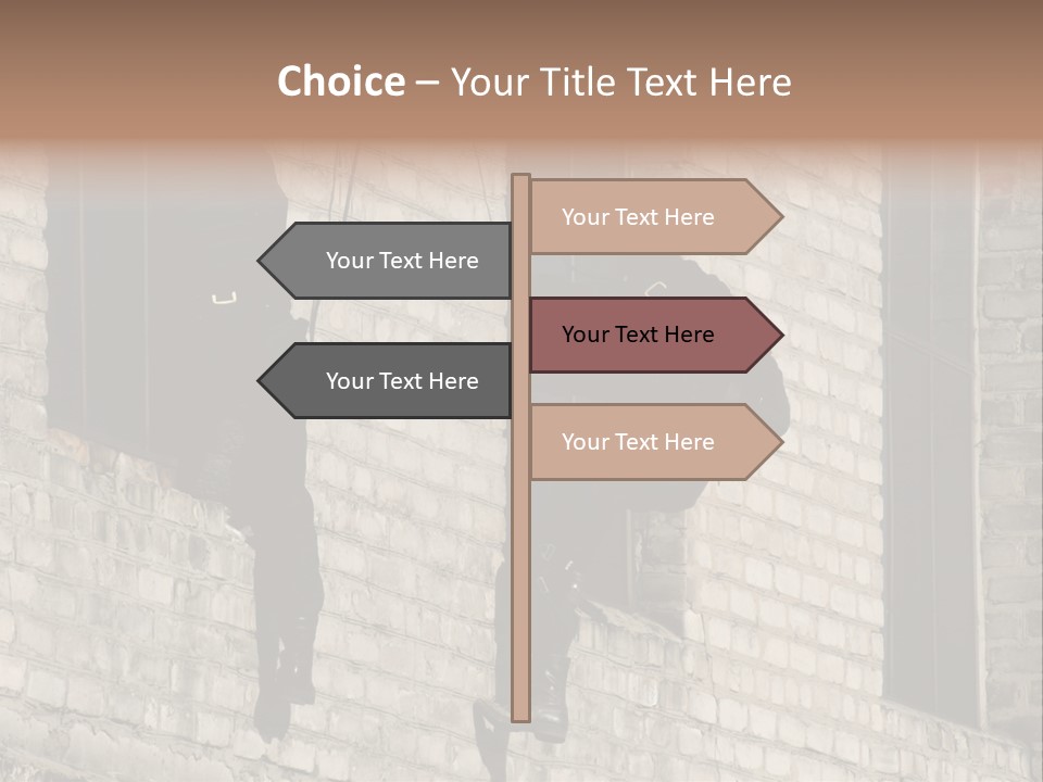 A Man In A Black Suit Climbing Up A Brick Building PowerPoint Template