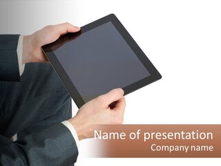A Person In A Suit Holding A Tablet Computer PowerPoint Template