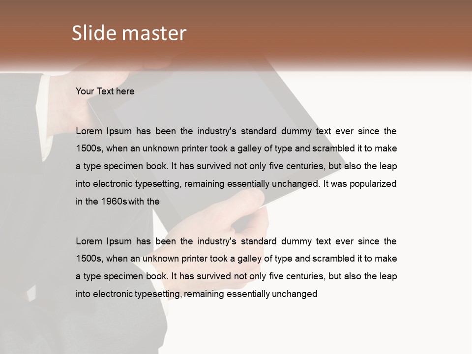 A Person In A Suit Holding A Tablet Computer PowerPoint Template