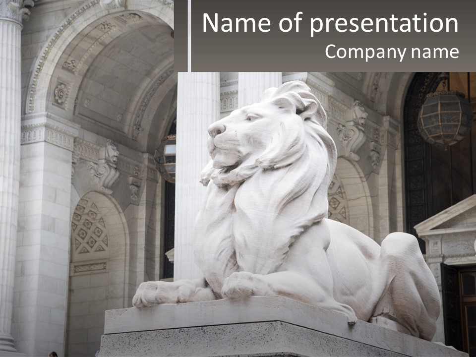 A Statue Of A Lion In Front Of A Building PowerPoint Template
