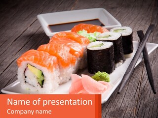 A Plate Of Sushi And Chopsticks On A Wooden Table PowerPoint Template