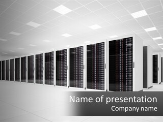 A Row Of Servers In A Data Center PowerPoint Template