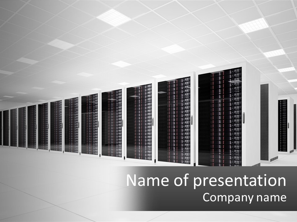 A Row Of Servers In A Data Center PowerPoint Template