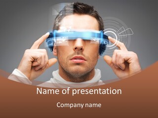 A Man Holding A Virtual Device Over His Eyes PowerPoint Template