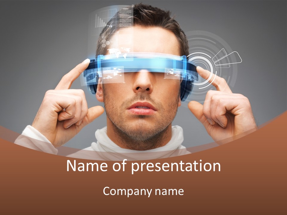 A Man Holding A Virtual Device Over His Eyes PowerPoint Template