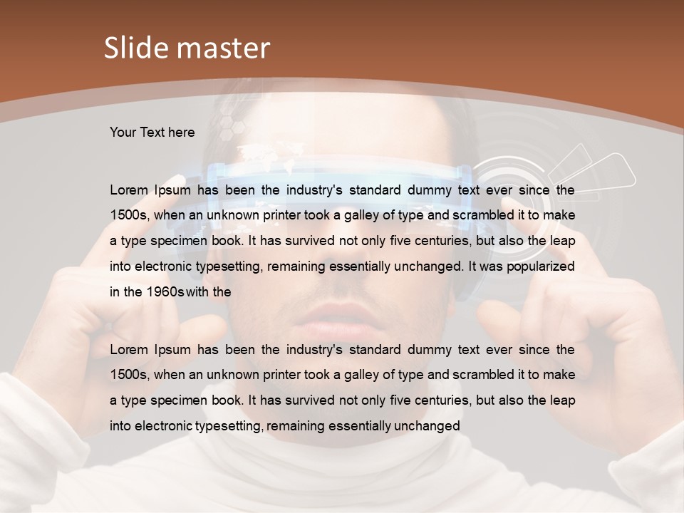 A Man Holding A Virtual Device Over His Eyes PowerPoint Template