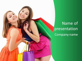 Two Beautiful Young Women Carrying Shopping Bags Powerpoint Template PowerPoint Template