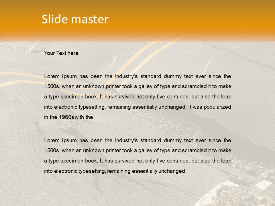 A Cracked Road With A Yellow Line On It PowerPoint Template