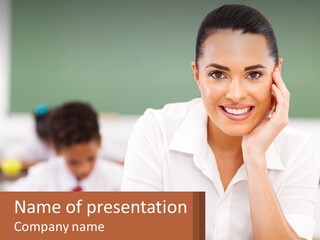 A Woman Sitting At A Desk With A Boy In The Background PowerPoint Template